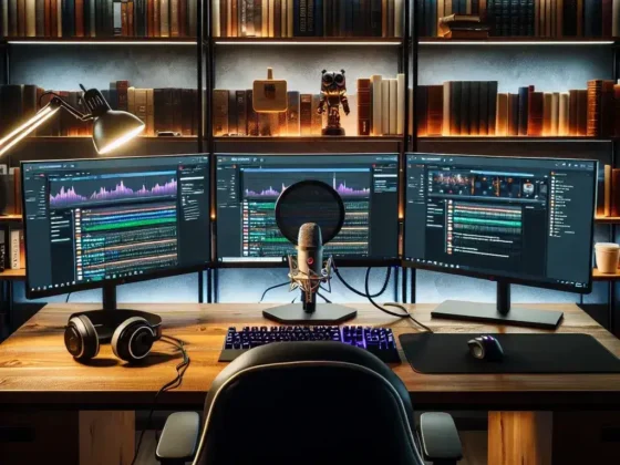 "Configuración de varios monitores para transmisión en vivo, mostrando un escritorio organizado con dos pantallas, cables ordenados y software de transmisión abierto, ilustrando el proceso de optimización para streamers."