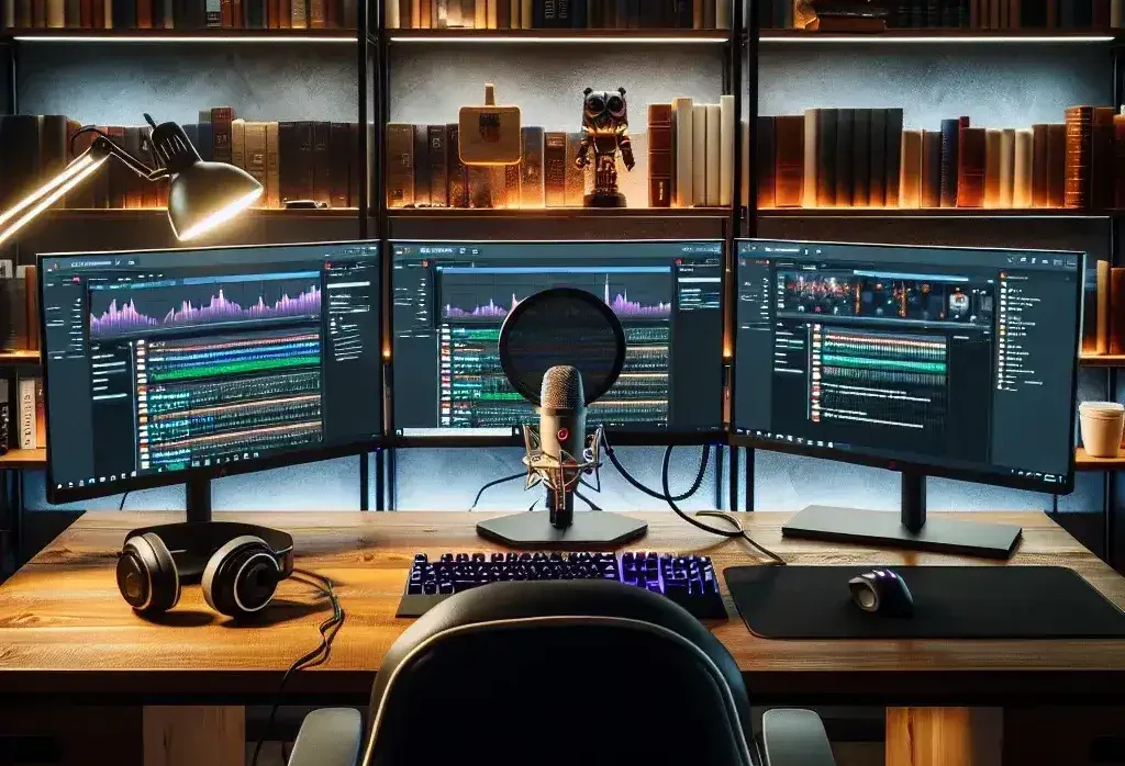 "Configuración de varios monitores para transmisión en vivo, mostrando un escritorio organizado con dos pantallas, cables ordenados y software de transmisión abierto, ilustrando el proceso de optimización para streamers."