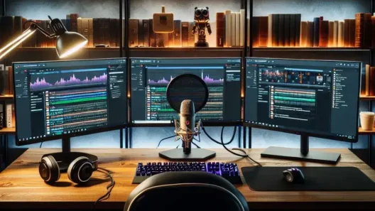 "Configuración de varios monitores para transmisión en vivo, mostrando un escritorio organizado con dos pantallas, cables ordenados y software de transmisión abierto, ilustrando el proceso de optimización para streamers."