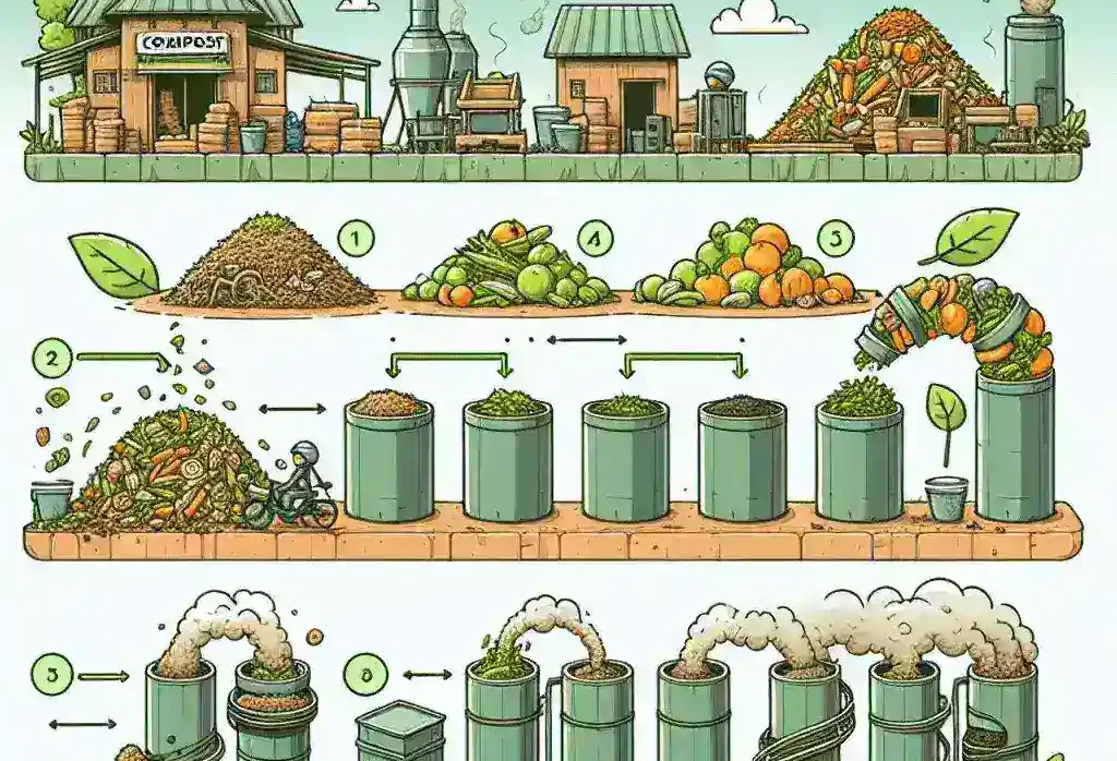 "Proses inovatif pengolahan sampah organik dari pasar tradisional menjadi kompos, menampilkan alat dan bahan yang digunakan dalam sistem ramah lingkungan."