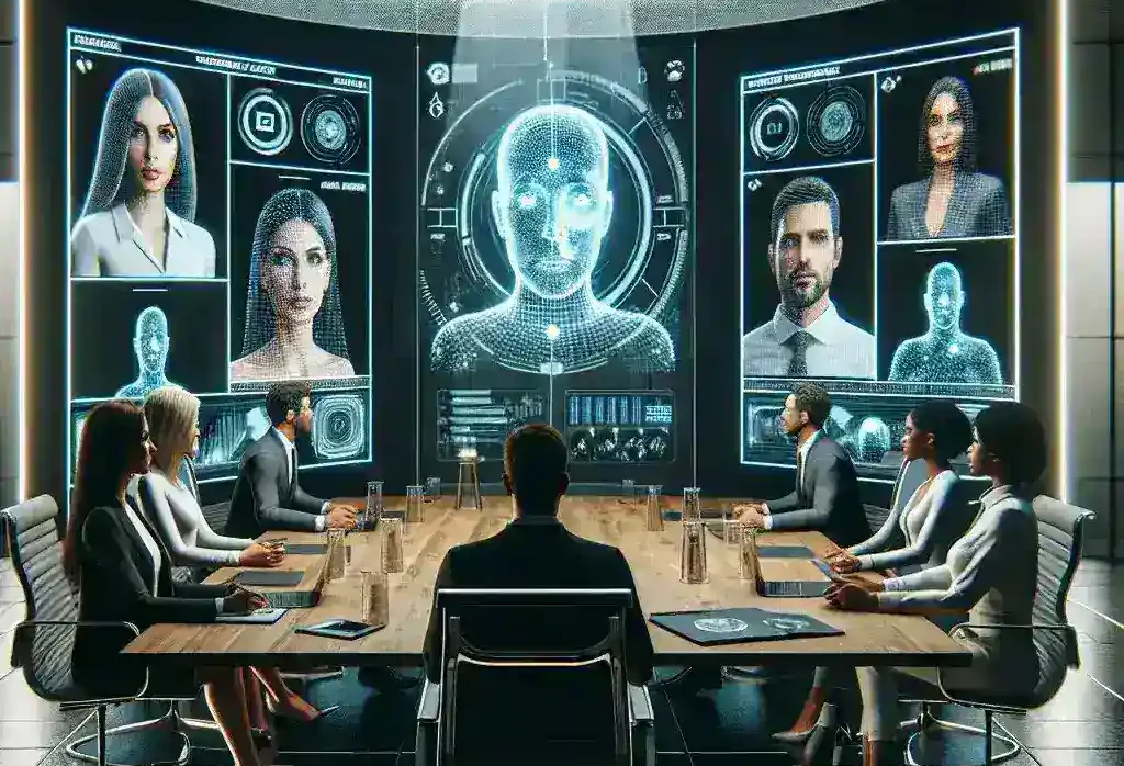 "Proyección holográfica en reunión híbrida, mostrando participantes virtuales interactuando con asistentes físicos, destacando la tecnología avanzada utilizada en conferencias modernas."
