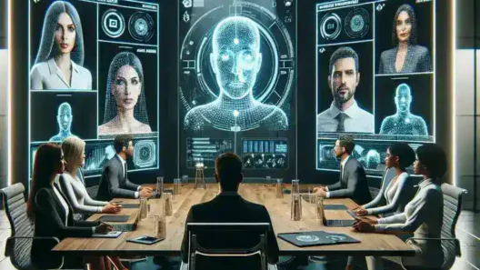 "Proyección holográfica en reunión híbrida, mostrando participantes virtuales interactuando con asistentes físicos, destacando la tecnología avanzada utilizada en conferencias modernas."