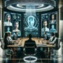 "Proyección holográfica en reunión híbrida, mostrando participantes virtuales interactuando con asistentes físicos, destacando la tecnología avanzada utilizada en conferencias modernas."