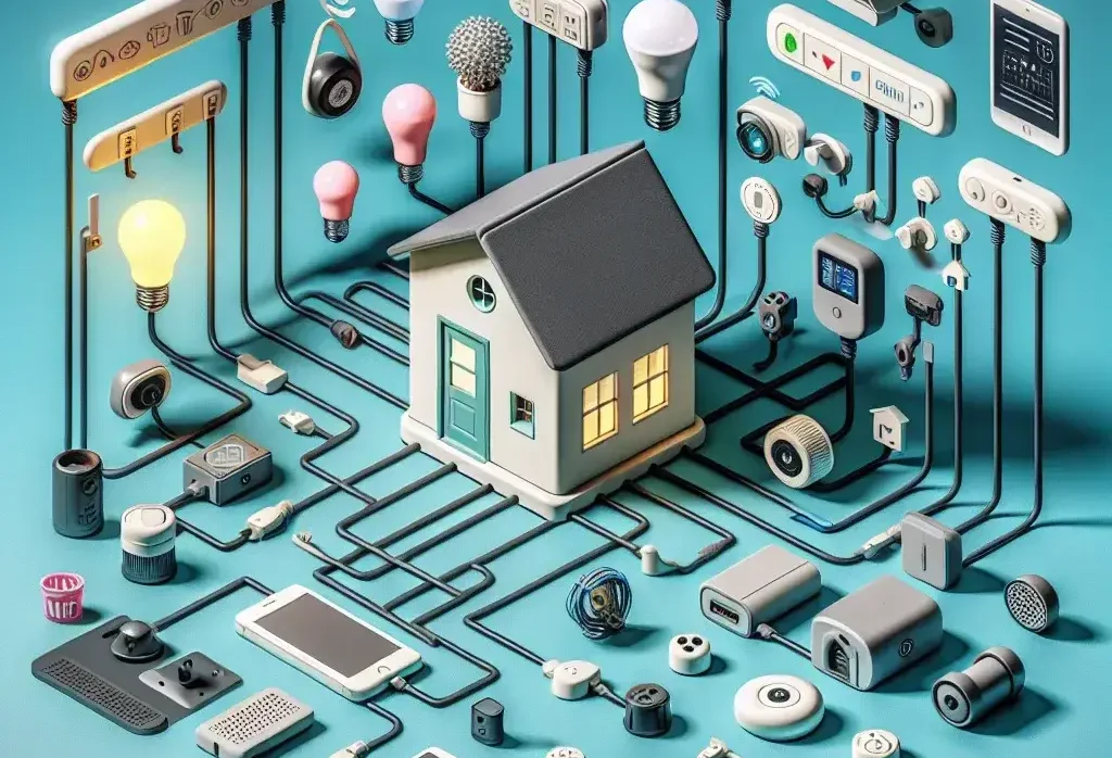 "Diagrama ilustrativo de un sistema de domótica DIY asequible, mostrando componentes esenciales y conexiones clave para maximizar el hogar inteligente con un presupuesto limitado."