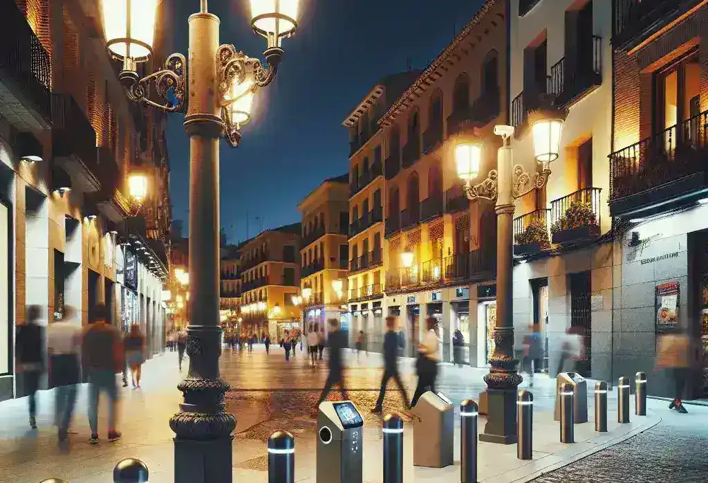 "Farolas conectadas con cámaras de seguridad integradas en una ciudad española, iluminando una calle moderna y mejorando la seguridad urbana"