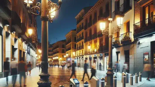 "Farolas conectadas con cámaras de seguridad integradas en una ciudad española, iluminando una calle moderna y mejorando la seguridad urbana"