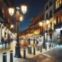 "Farolas conectadas con cámaras de seguridad integradas en una ciudad española, iluminando una calle moderna y mejorando la seguridad urbana"