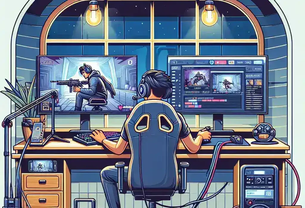 "Configuración de una transmisión de dos PC para Twitch, mostrando la conexión entre las dos computadoras, equipo de transmisión, y software de streaming en pantalla."