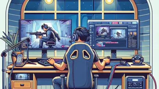 "Configuración de una transmisión de dos PC para Twitch, mostrando la conexión entre las dos computadoras, equipo de transmisión, y software de streaming en pantalla."